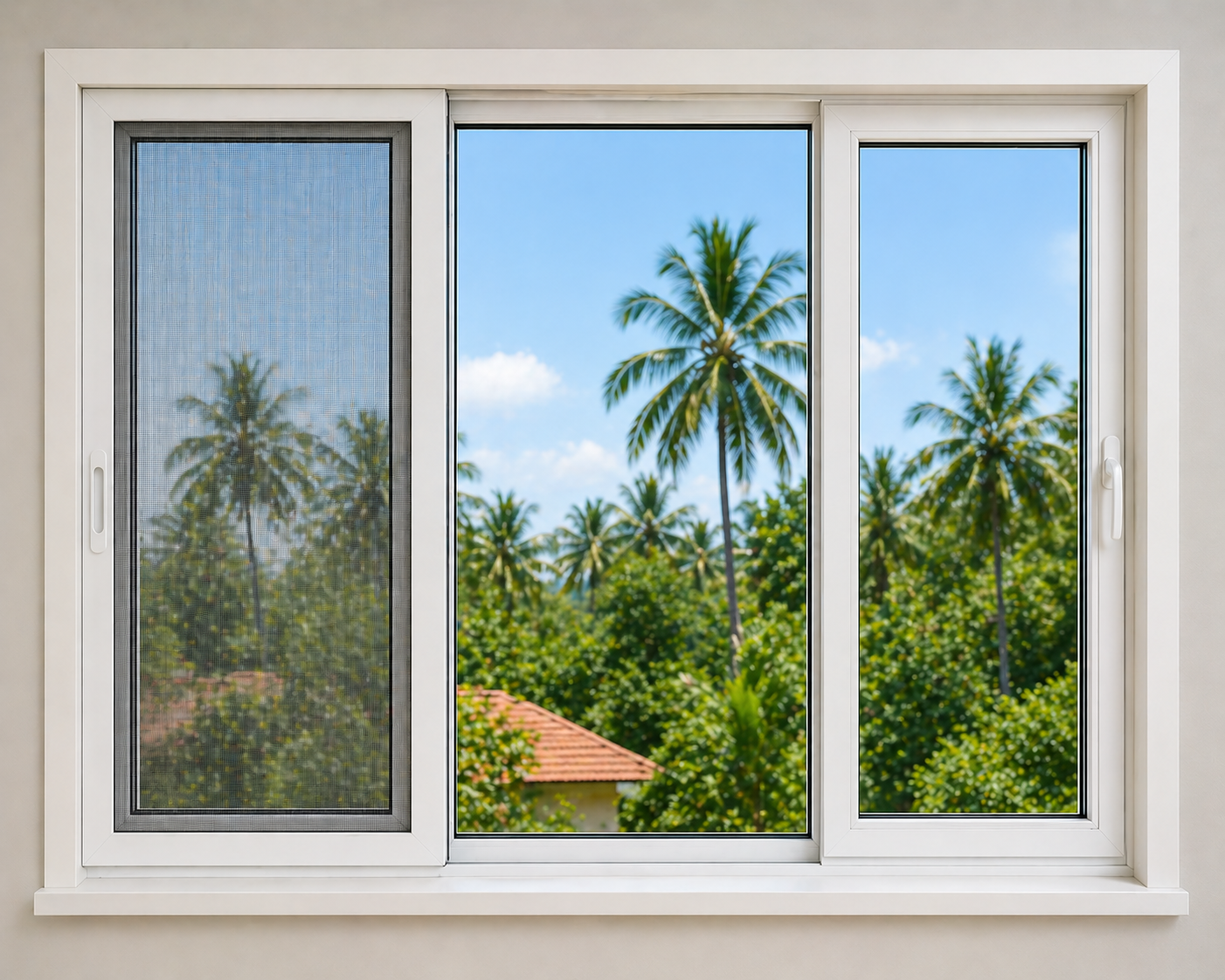 uPVC window with integrated mosquito mesh in Coimbatore — enjoy fresh air without insects, ideal for South Indian tropical climate homes